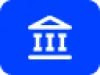 Blauw vierkant pictogram met een wit gebouw met pilaren, symbool voor een bank of overheidsinstelling.