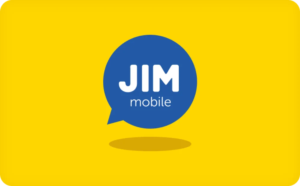 Blauw tekstballonlogo met de tekst "JIM mobile" op een heldergele achtergrond.