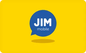 Blauw tekstballonlogo met de tekst "JIM mobile" op een heldergele achtergrond.