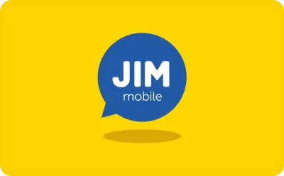 Blauw tekstballonlogo met de tekst "JIM mobile" op een heldergele achtergrond.