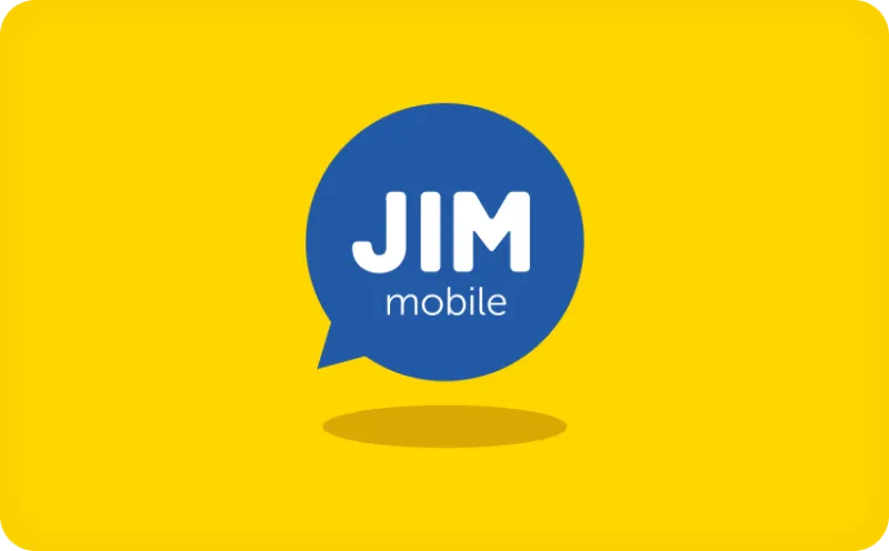 Blauw tekstballonlogo met de tekst "JIM mobile" op een heldergele achtergrond.