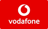 Rode achtergrond met het Vodafone-logo: een witte, abstracte cirkelvorm boven het woord "vodafone" in witte letters.