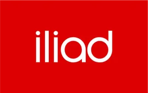Wit "iliad" logo op een rode achtergrond.