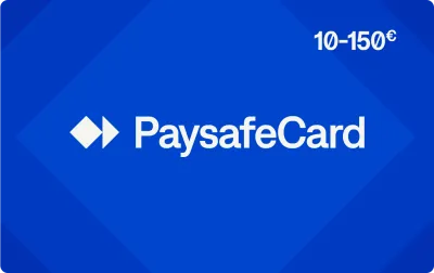 Blauw logo met witte tekst "PaysafeCard" en een wit pictogram links.