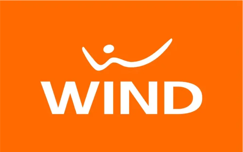 Oranje achtergrond met het witte logo van "WIND", inclusief een gestileerde curve boven de tekst.