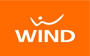 Oranje achtergrond met het witte logo van "WIND", inclusief een gestileerde curve boven de tekst.